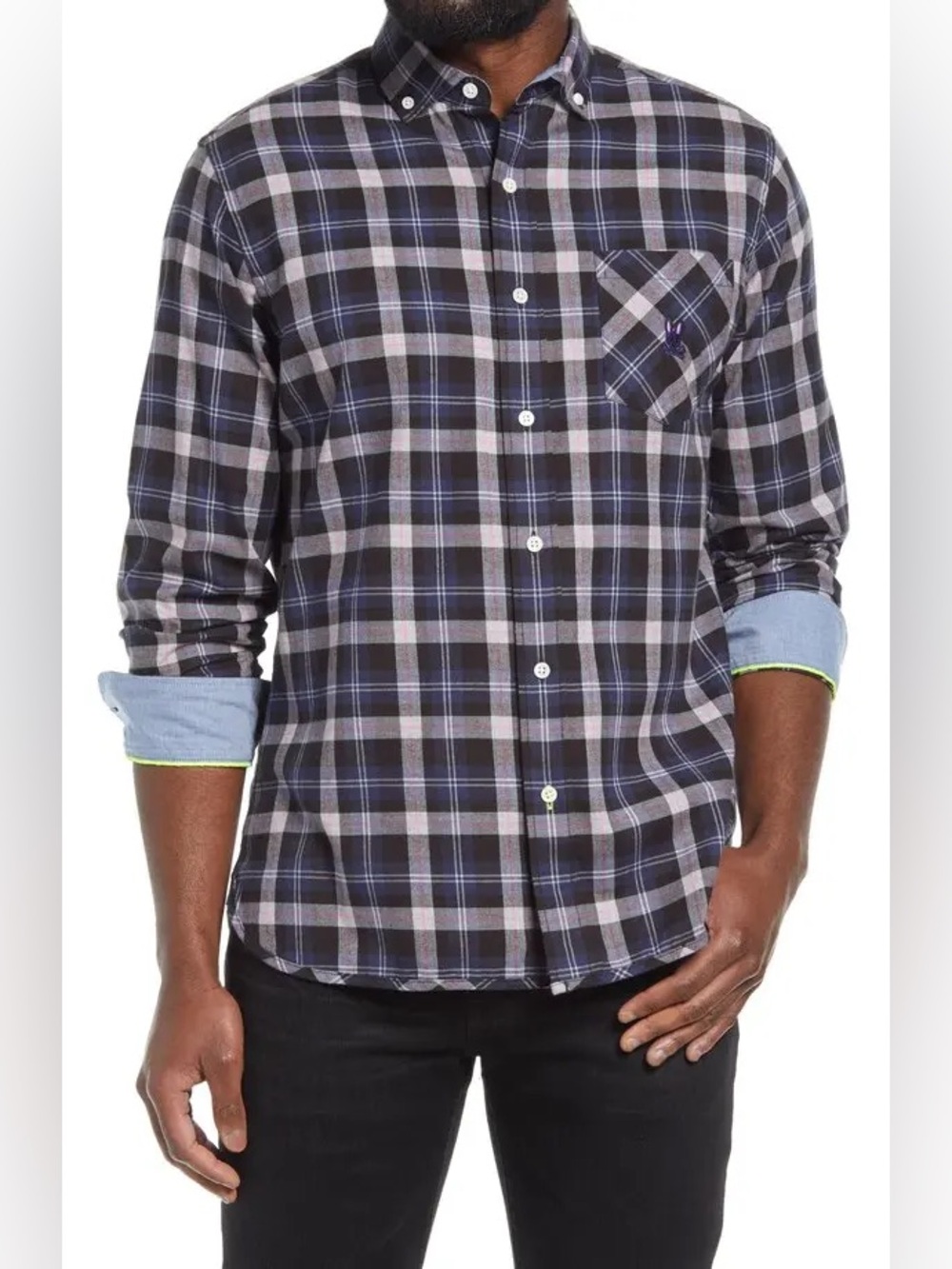 Psycho Bunny Men's Black, Gray & Blue Plaid Button-Down Shirt